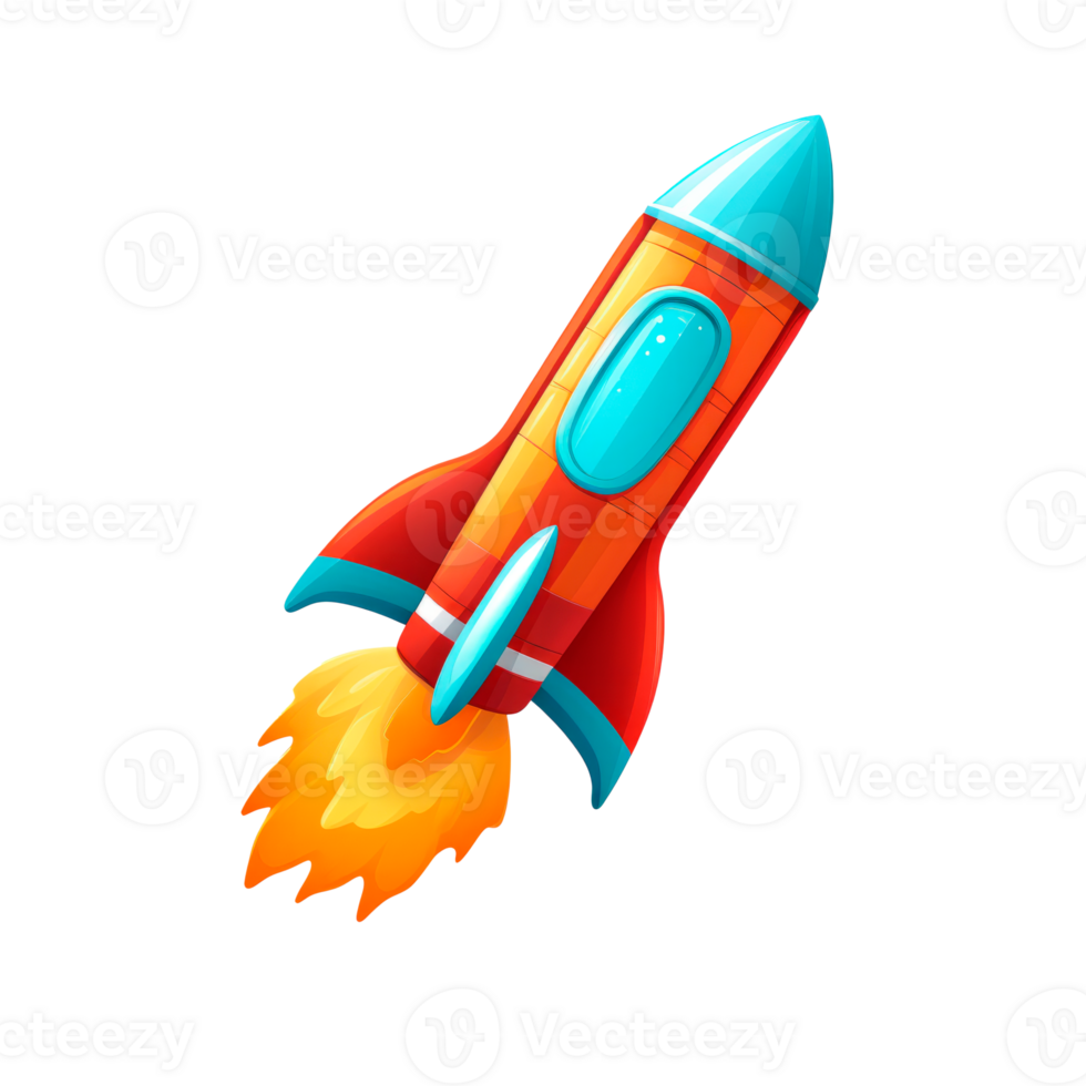 Colorful rocket illustration with flames, ideal for space-themed projects. png
