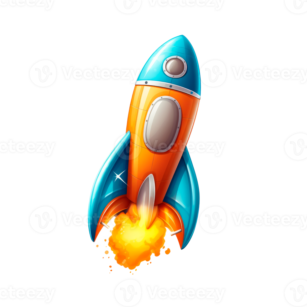 A colorful rocket launching into space with flames and smoke. png