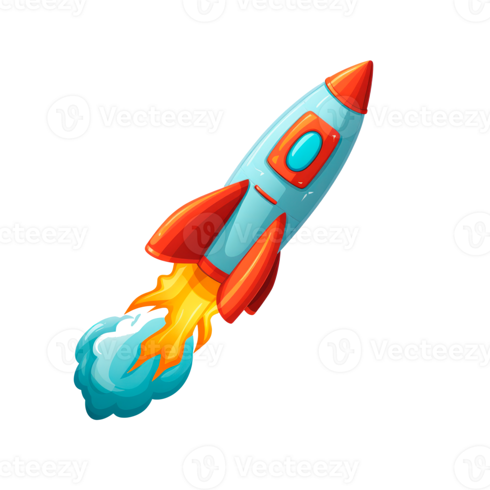 Colorful rocket launching with flames and smoke in blue background png