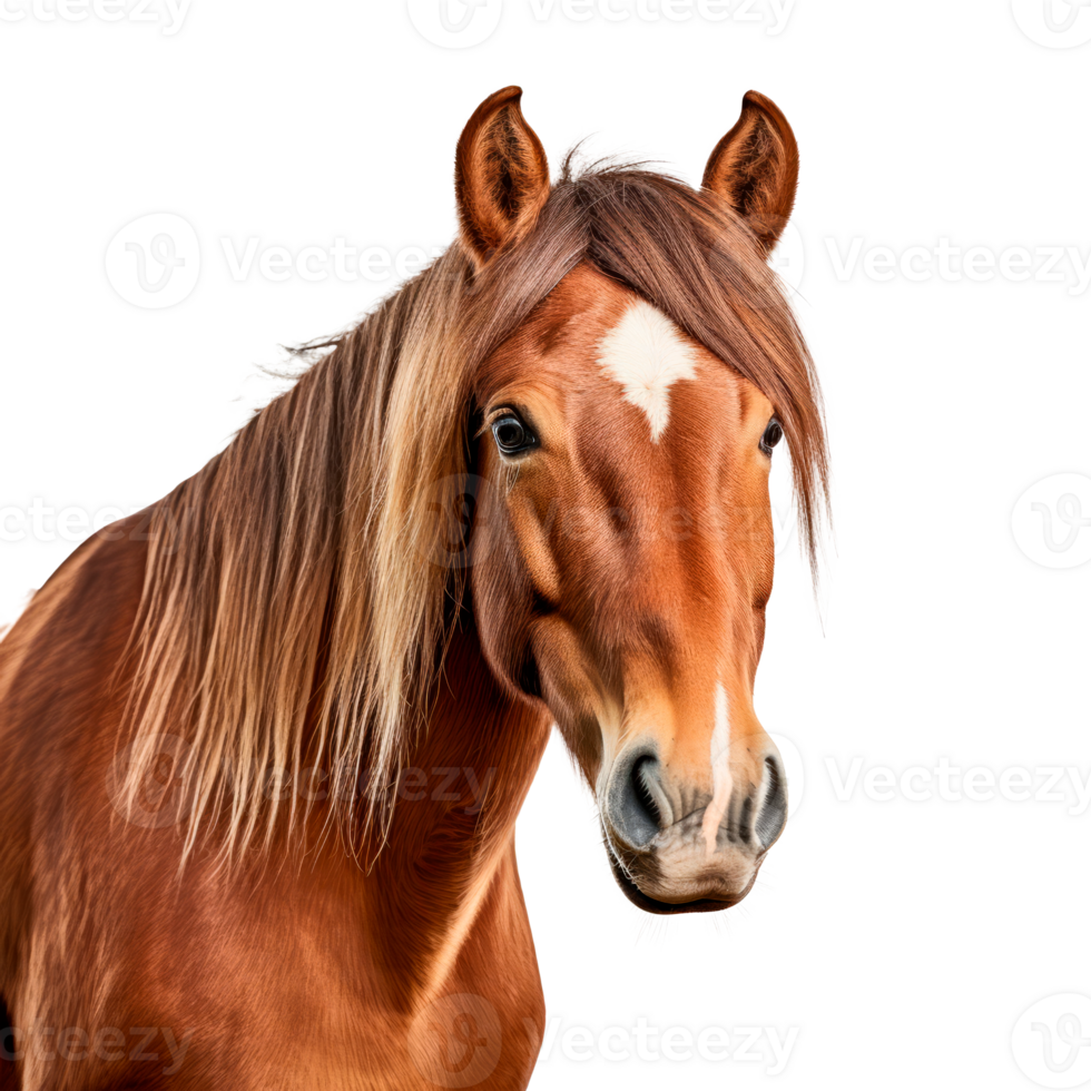 A majestic brown horse with a flowing mane on a transparent background png