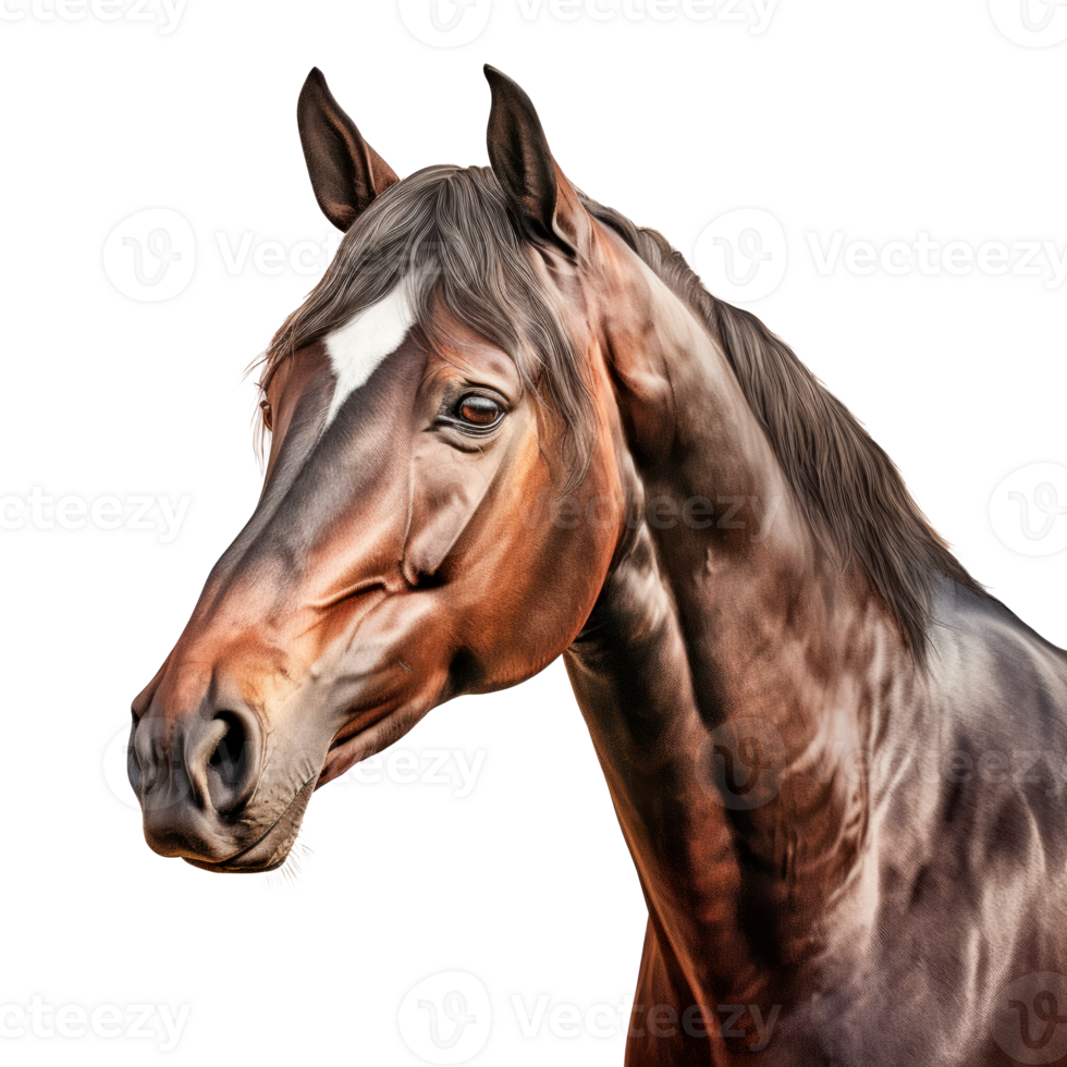 A detailed portrait of a majestic brown horse with a flowing mane. png