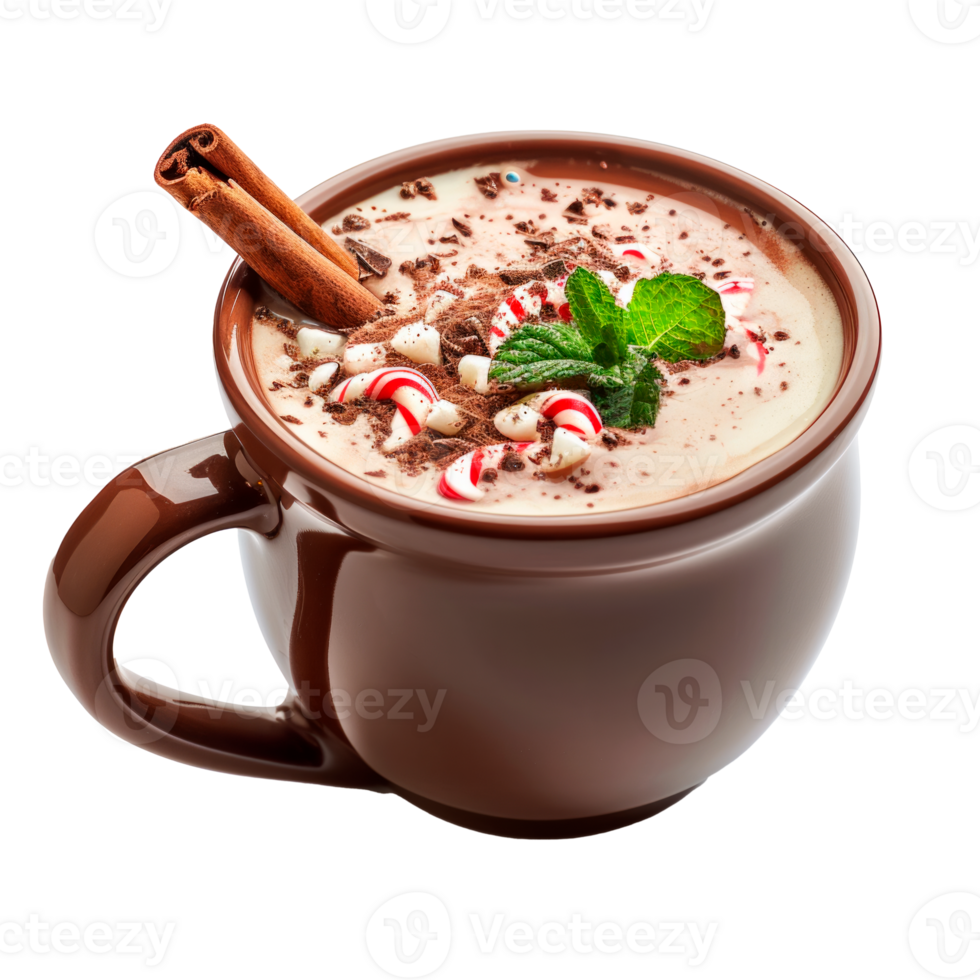 A cozy cup of hot chocolate topped with peppermint and cinnamon png