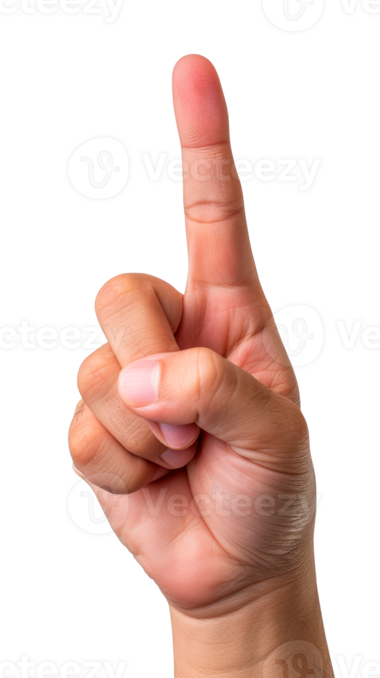 A hand raised with an index finger pointing upwards. png