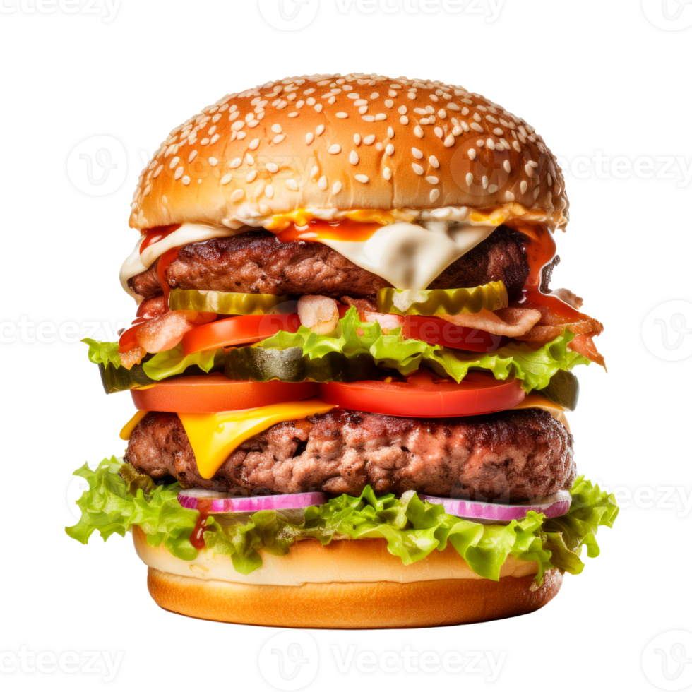 A delicious stacked hamburger with lettuce, tomato, and pickles. png