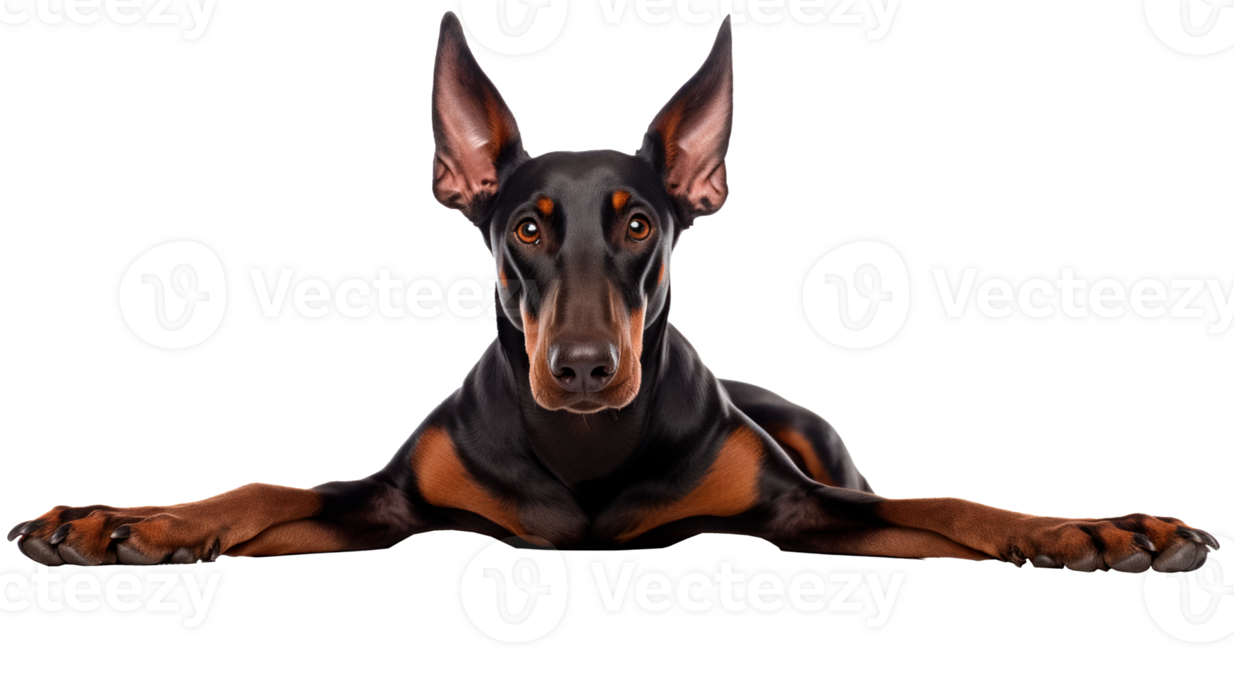 A cute Doberman dog lying down with a playful expression. png