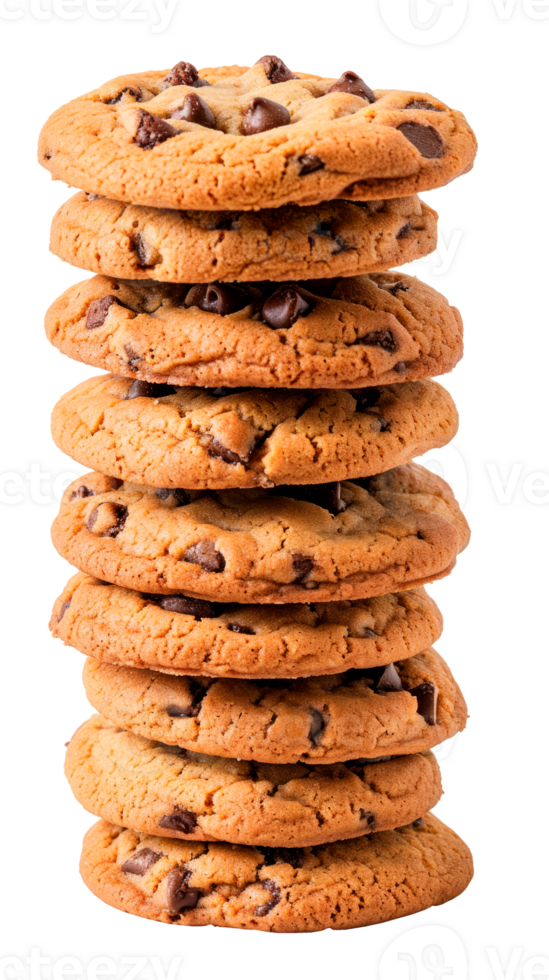 A stack of freshly baked chocolate chip cookies on a transparent background png
