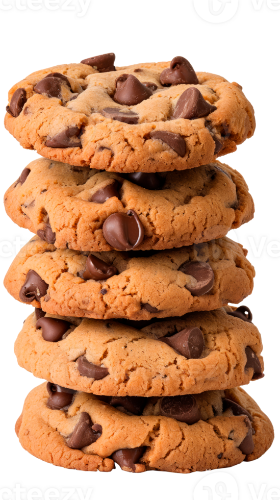 A stack of freshly baked chocolate chip cookies on a transparent background png