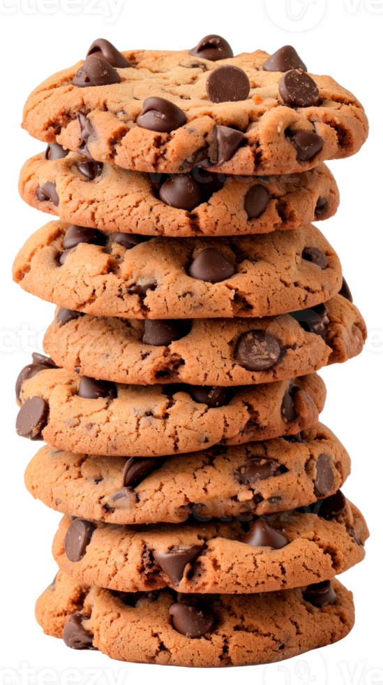 A stack of delicious chocolate chip cookies on a transparent background png