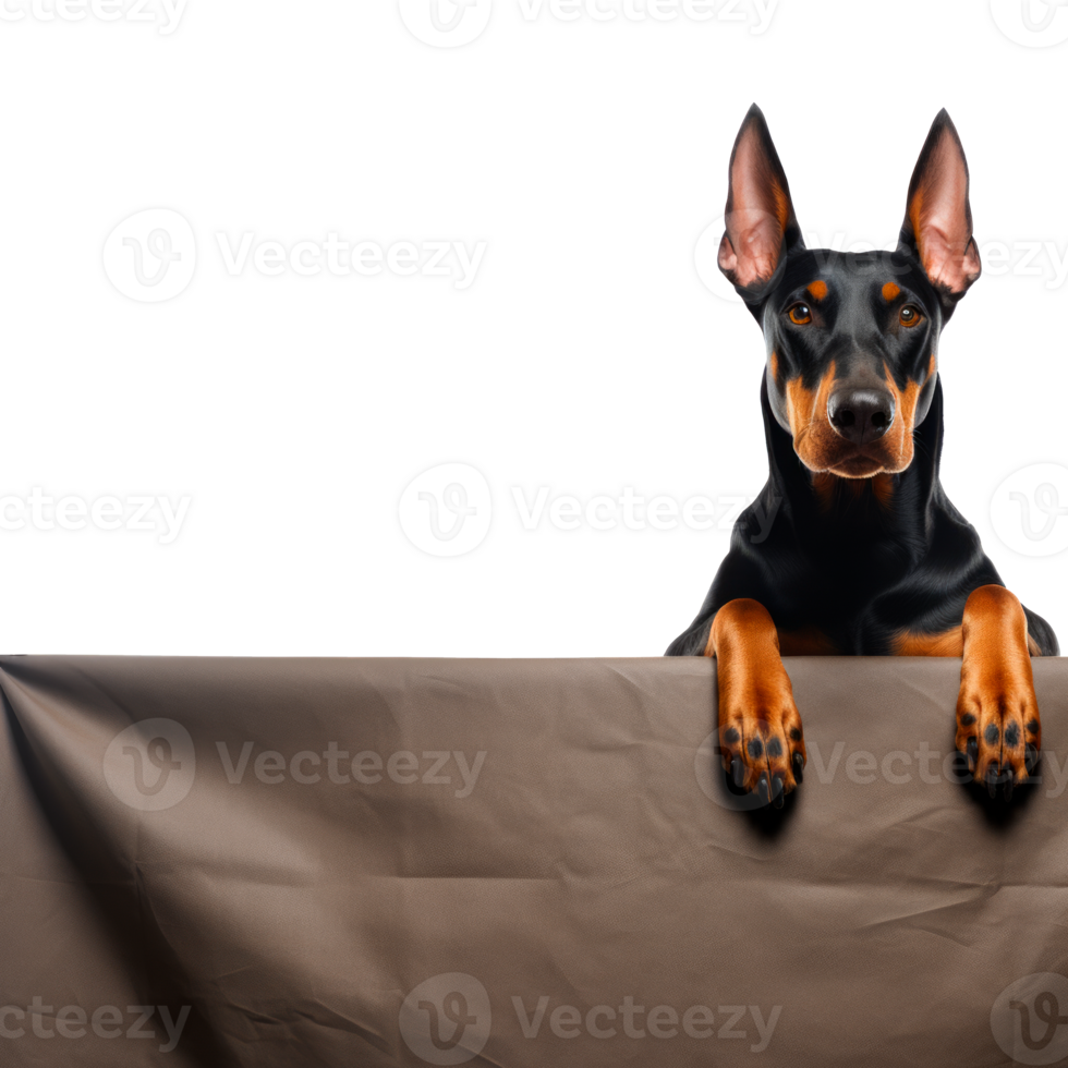 A playful Doberman dog peering over a table with curious expression. png