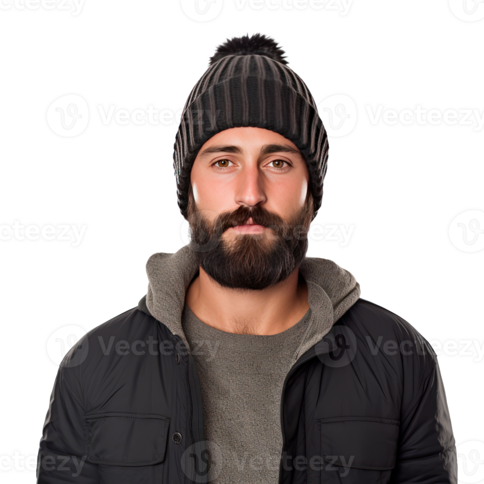 A stylish man with a beard wearing a winter hat and jacket. png