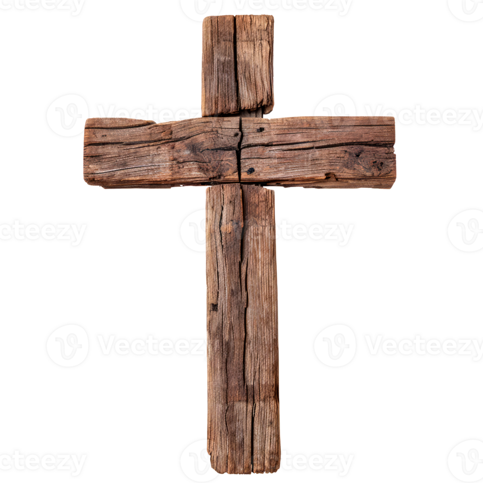 Rustic wooden cross symbolizing faith and spirituality on transparent background png
