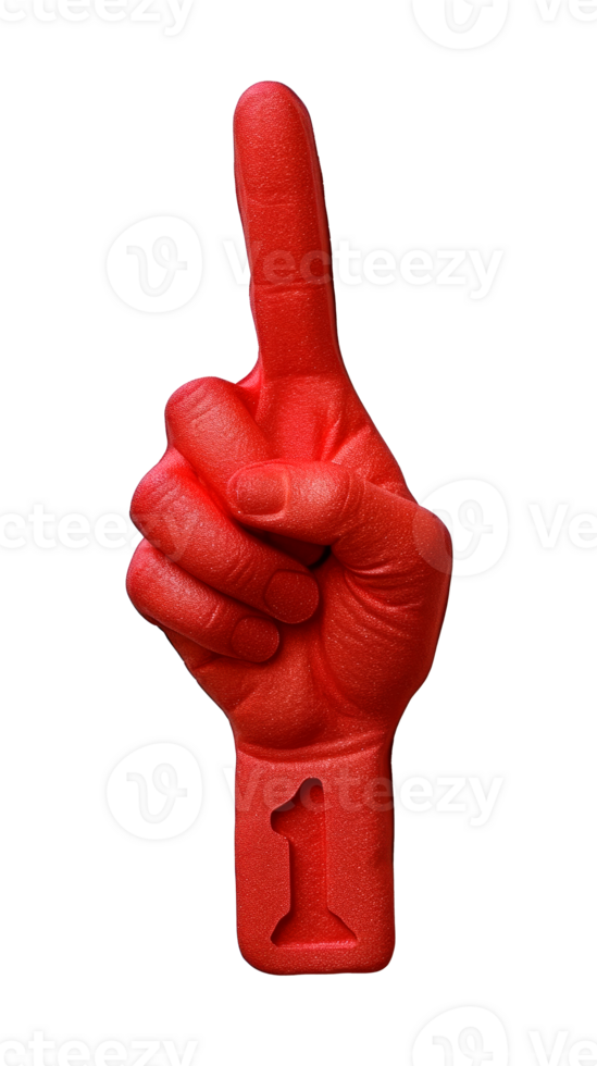 Red foam hand showing number one gesture for sports or celebration png