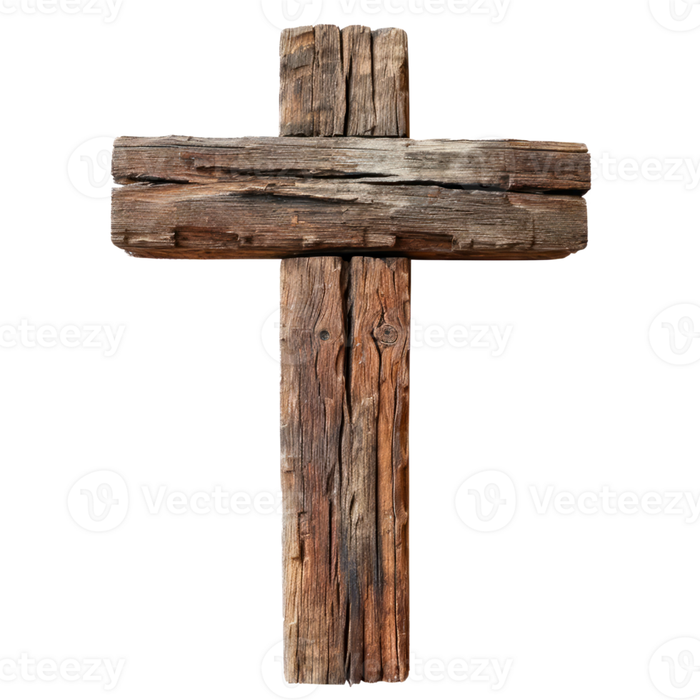 Rustic wooden cross symbolizing faith and spirituality isolated on a transparent background. png