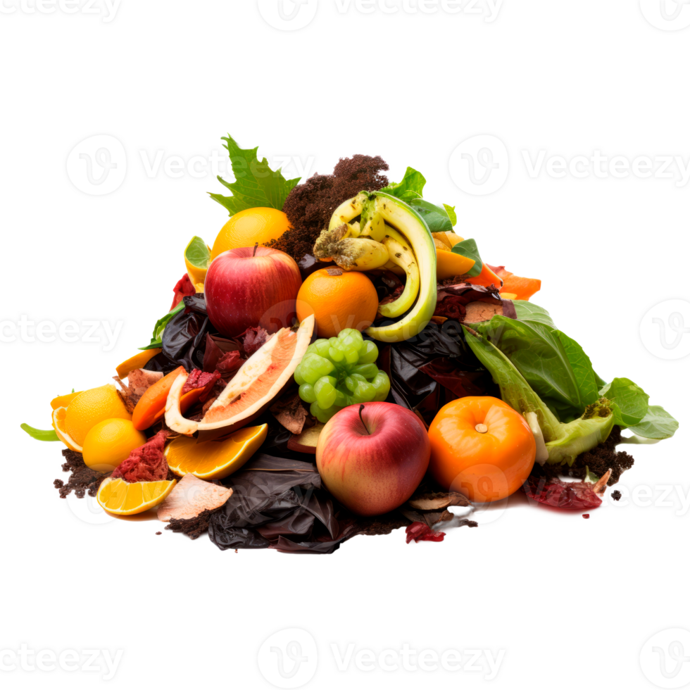 A vibrant pile of assorted fruits and vegetables showcasing food waste for compost. png
