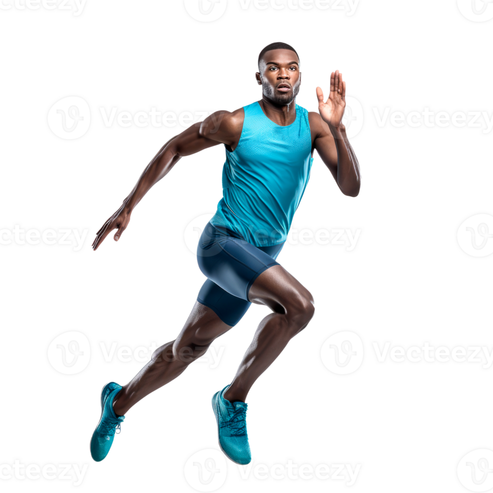 A male athlete sprinting in a dynamic running pose during training. png