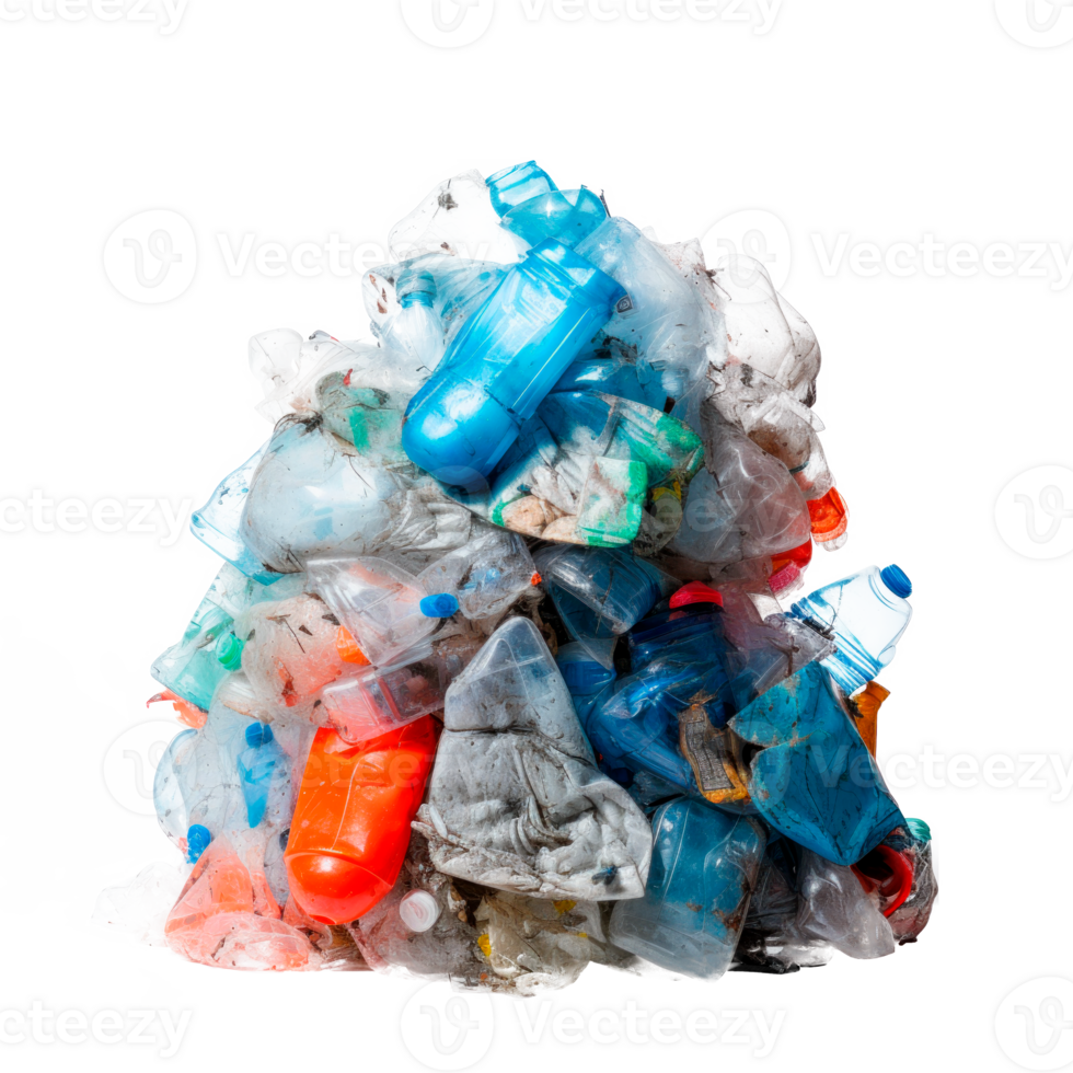 A pile of plastic waste collected for recycling and proper disposal. png