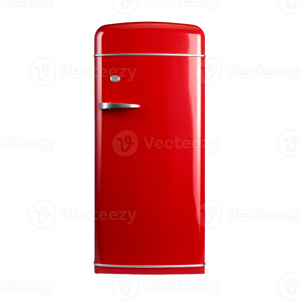 A bright red retro refrigerator standing alone on a transparent background. png