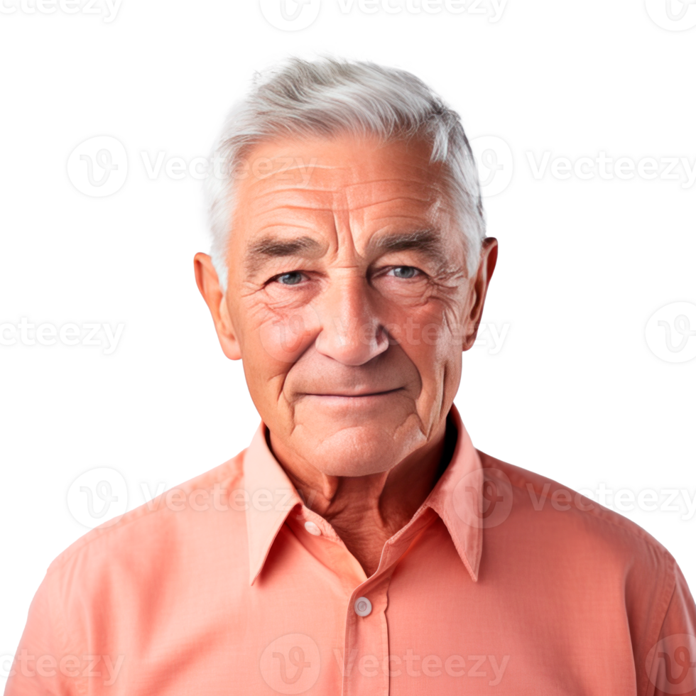 Portrait of an elderly man smiling with gray hair wearing a shirt. png