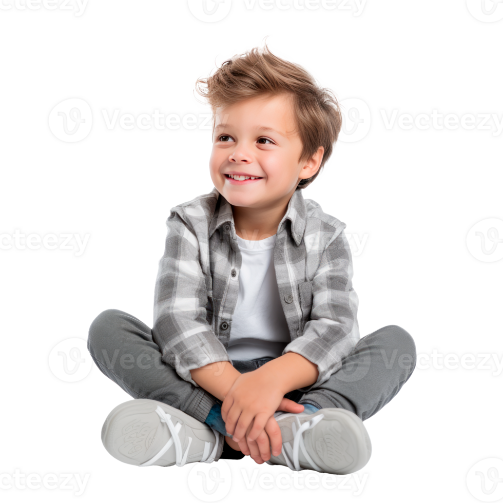 A cheerful boy sitting cross-legged in a casual outfit smiling. png