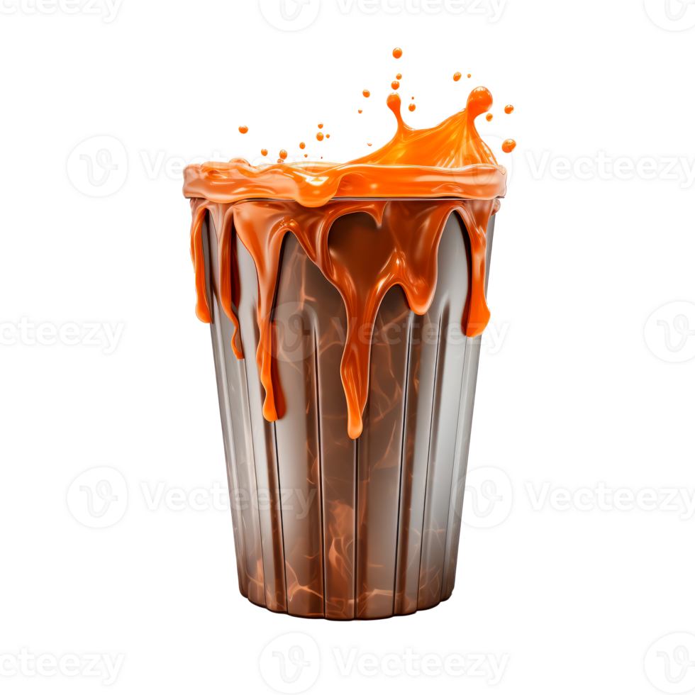 A trash bin overflowing with orange liquid, creating a messy scene. png