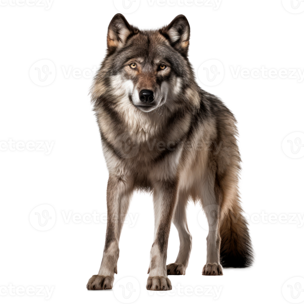 A majestic grey wolf standing confidently against a transparent background png