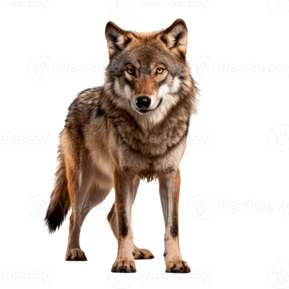 A detailed portrait of a wolf standing confidently in nature. png