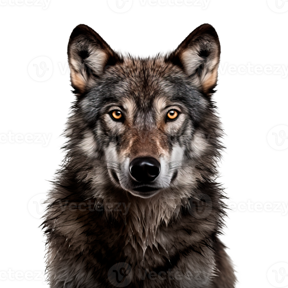 Realistic portrait of a wolf with striking features and intense gaze png
