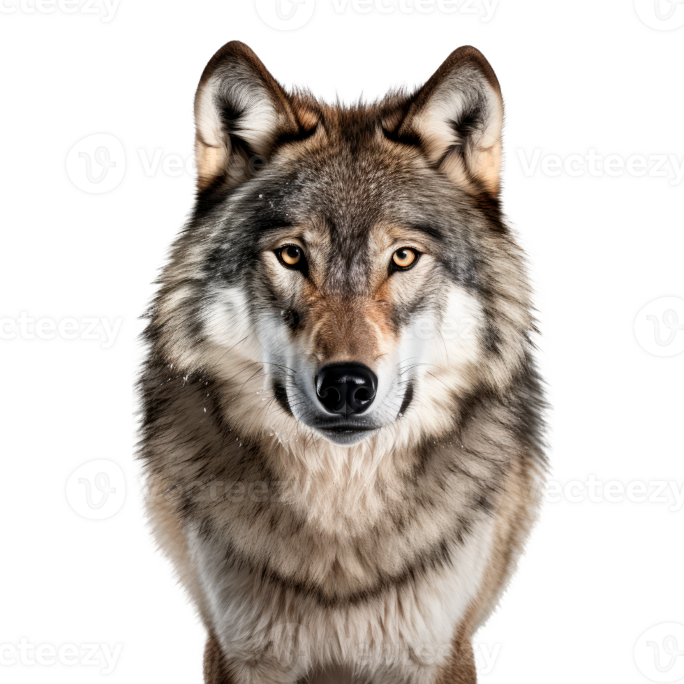 Realistic portrait of a wolf showcasing its striking features and fur png