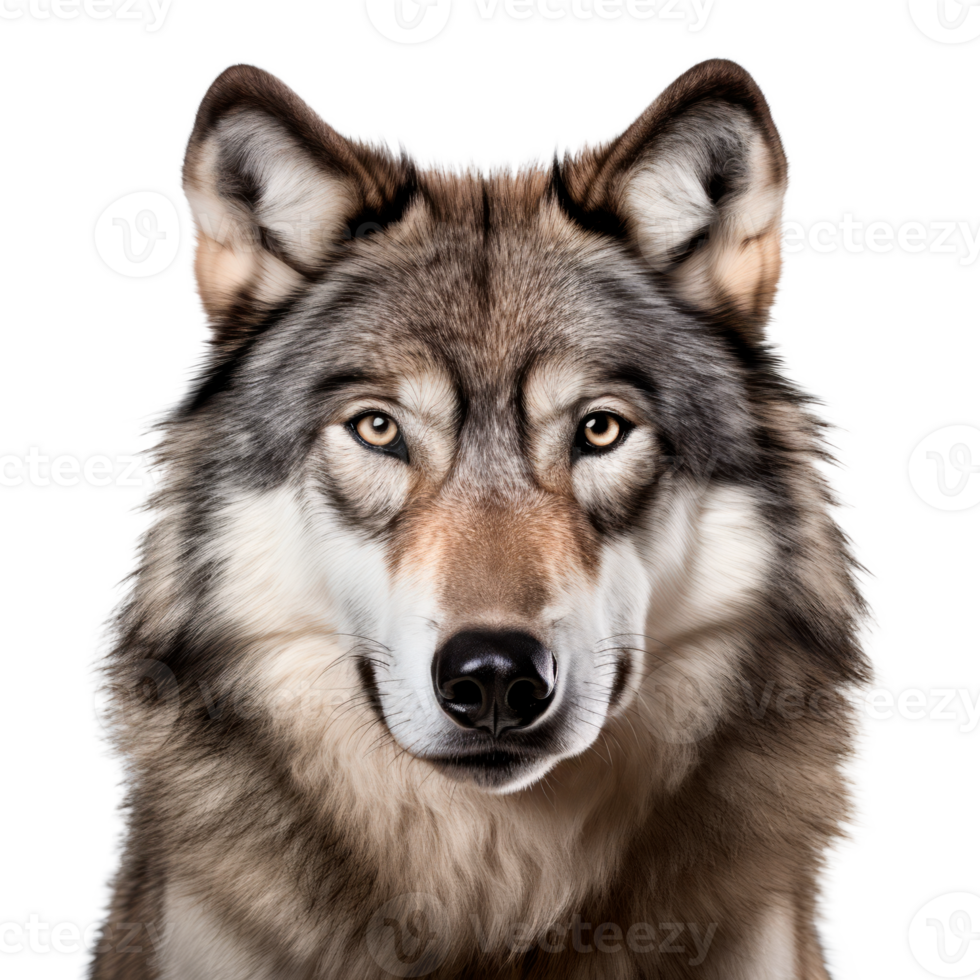 Realistic portrait of a wolf showcasing its striking features and fur. png