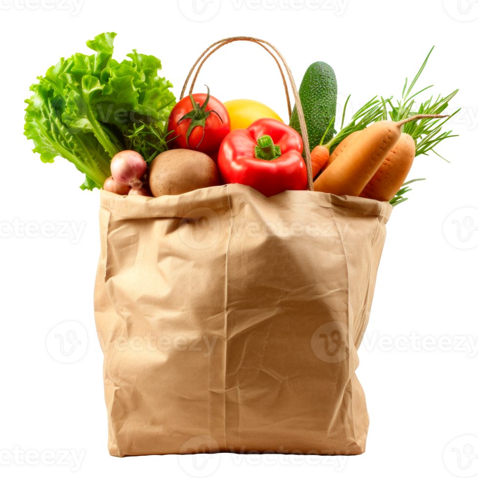 A brown paper bag filled with fresh vegetables and greens png