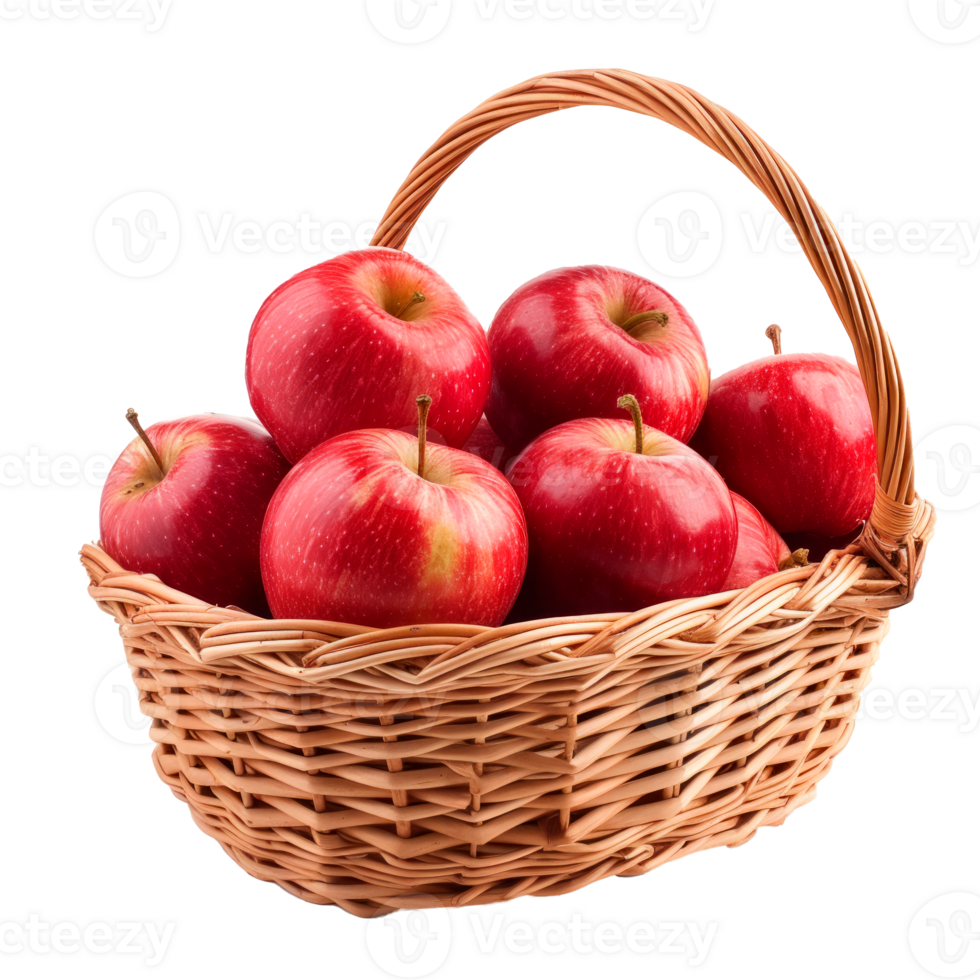 A basket filled with fresh red apples on a transparent background png