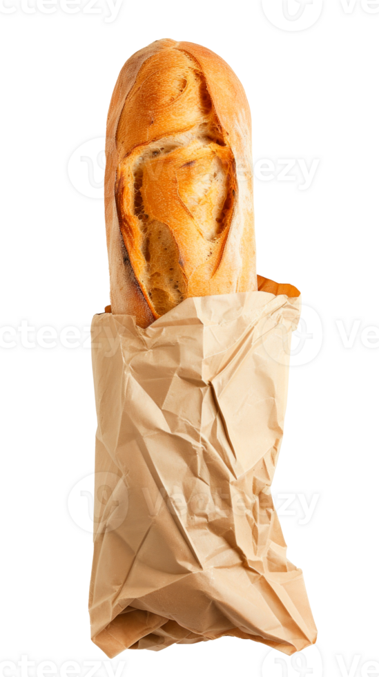 Freshly baked baguette wrapped in brown paper for delicious meals png