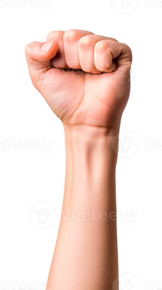 A raised fist symbolizing strength and determination against a transparent background png