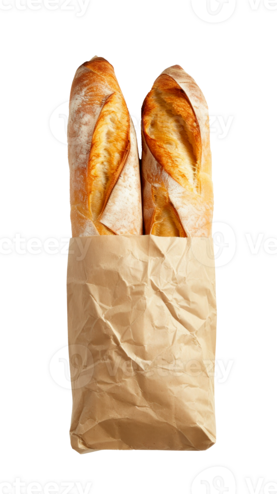 Two fresh baguettes wrapped in brown paper bag png