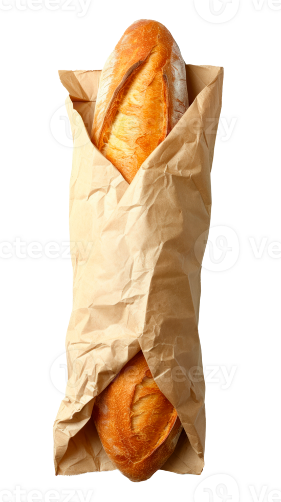 Freshly baked baguette wrapped in brown paper on a transparent background png