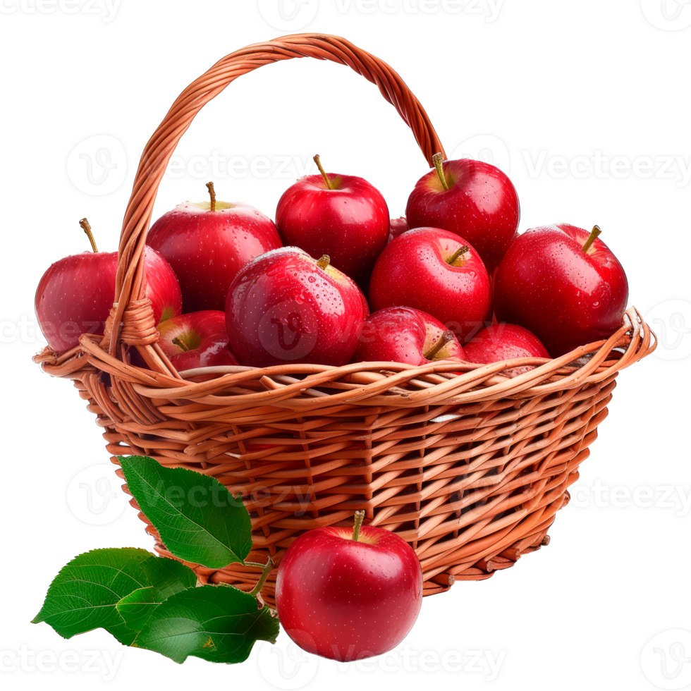 A basket overflowing with fresh red apples and green leaves. png