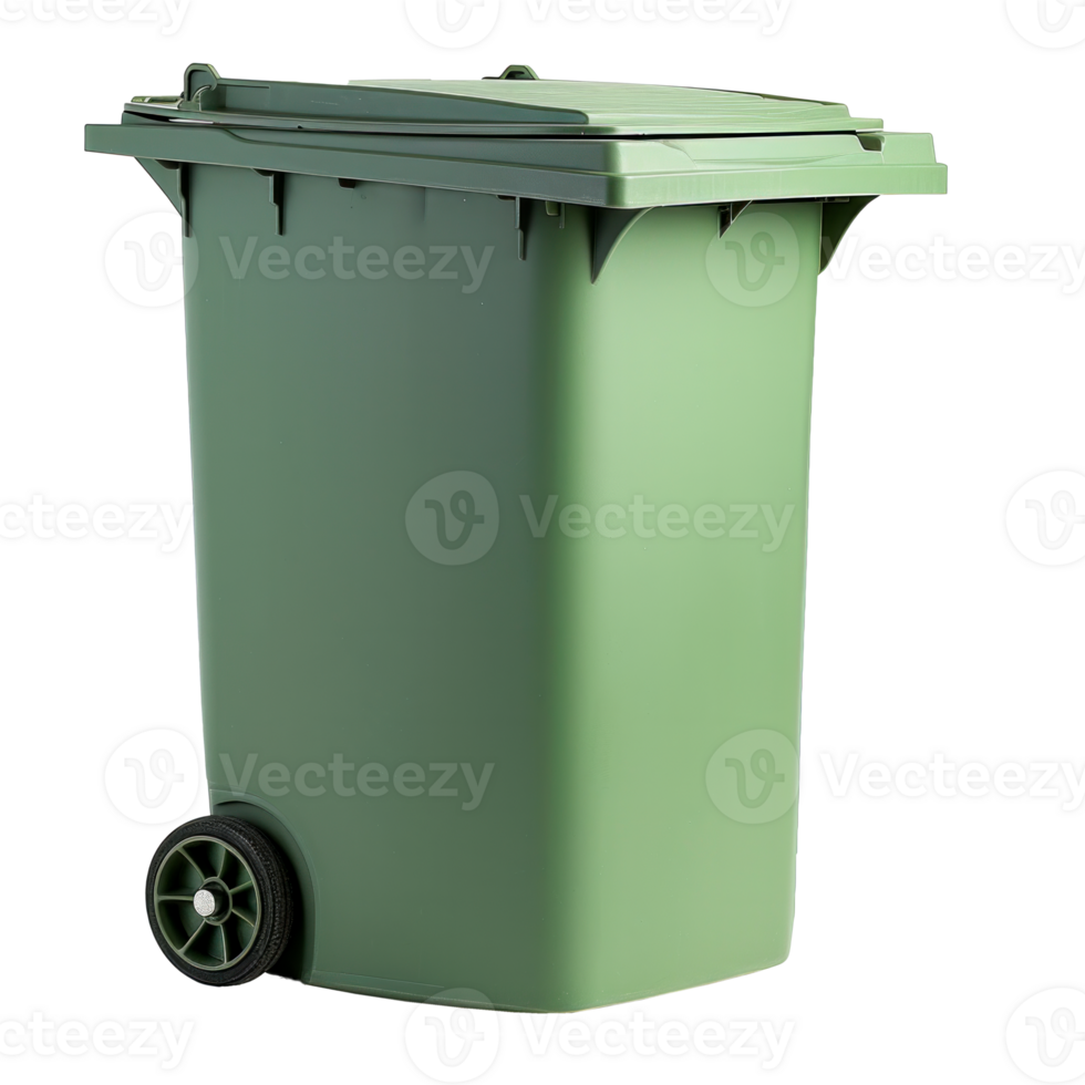 Green trash bin on wheels for waste disposal and recycling purposes png