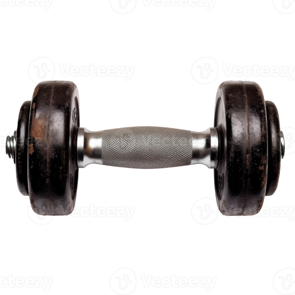 A classic black dumbbell isolated on a transparent background for fitness use png