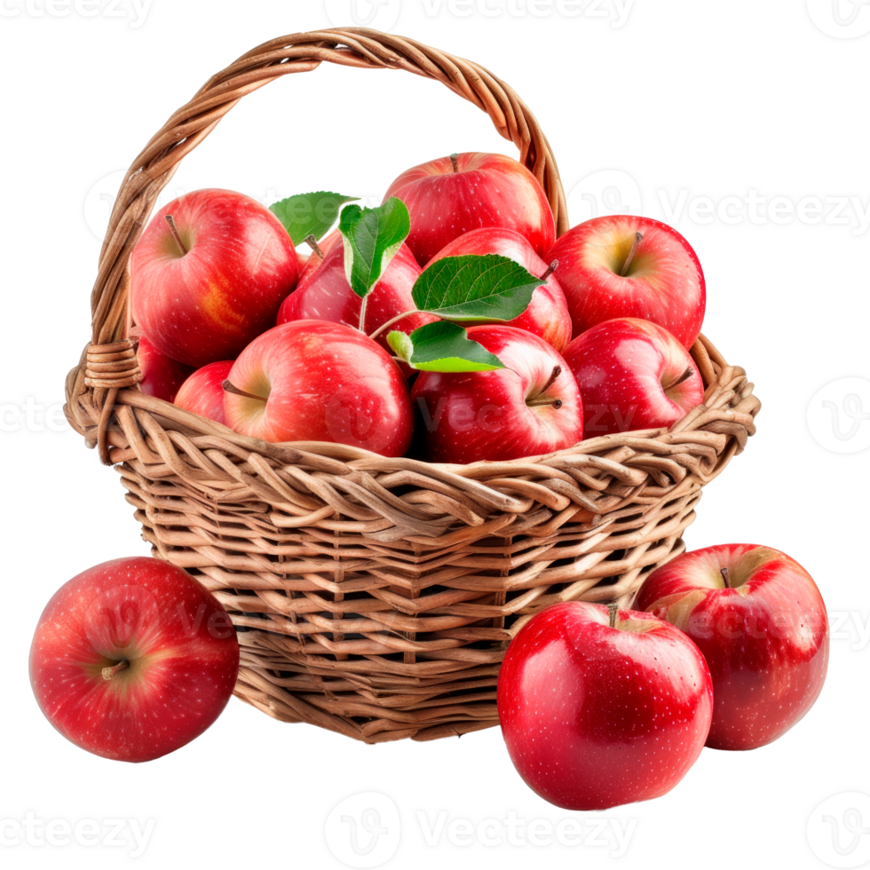 A basket filled with fresh red apples surrounded by a few apples. png