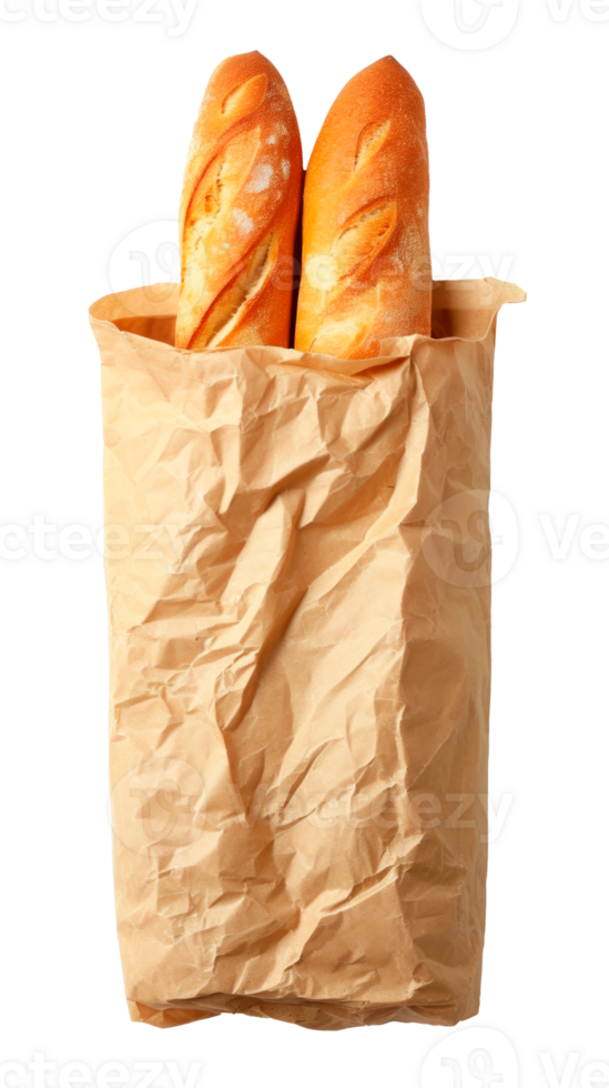Two fresh baguettes wrapped in a crumpled paper bag png