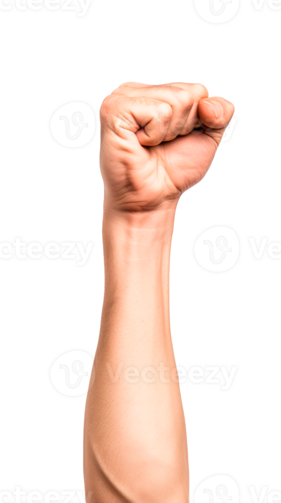 A raised fist symbolizing strength and determination against a transparent background. png