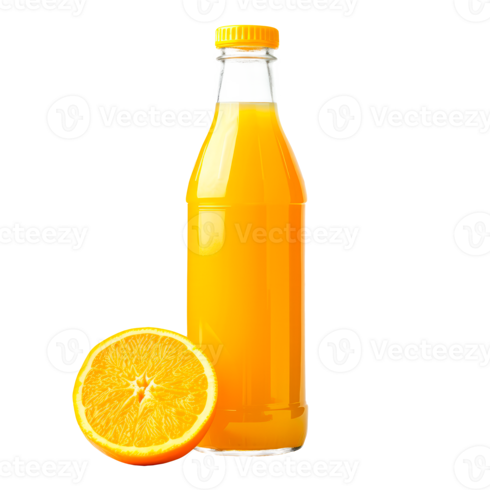 A refreshing bottle of orange juice with a sliced orange beside it. png