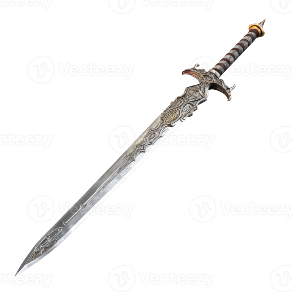Detailed sword with ornate design and sharp blade on transparent background png