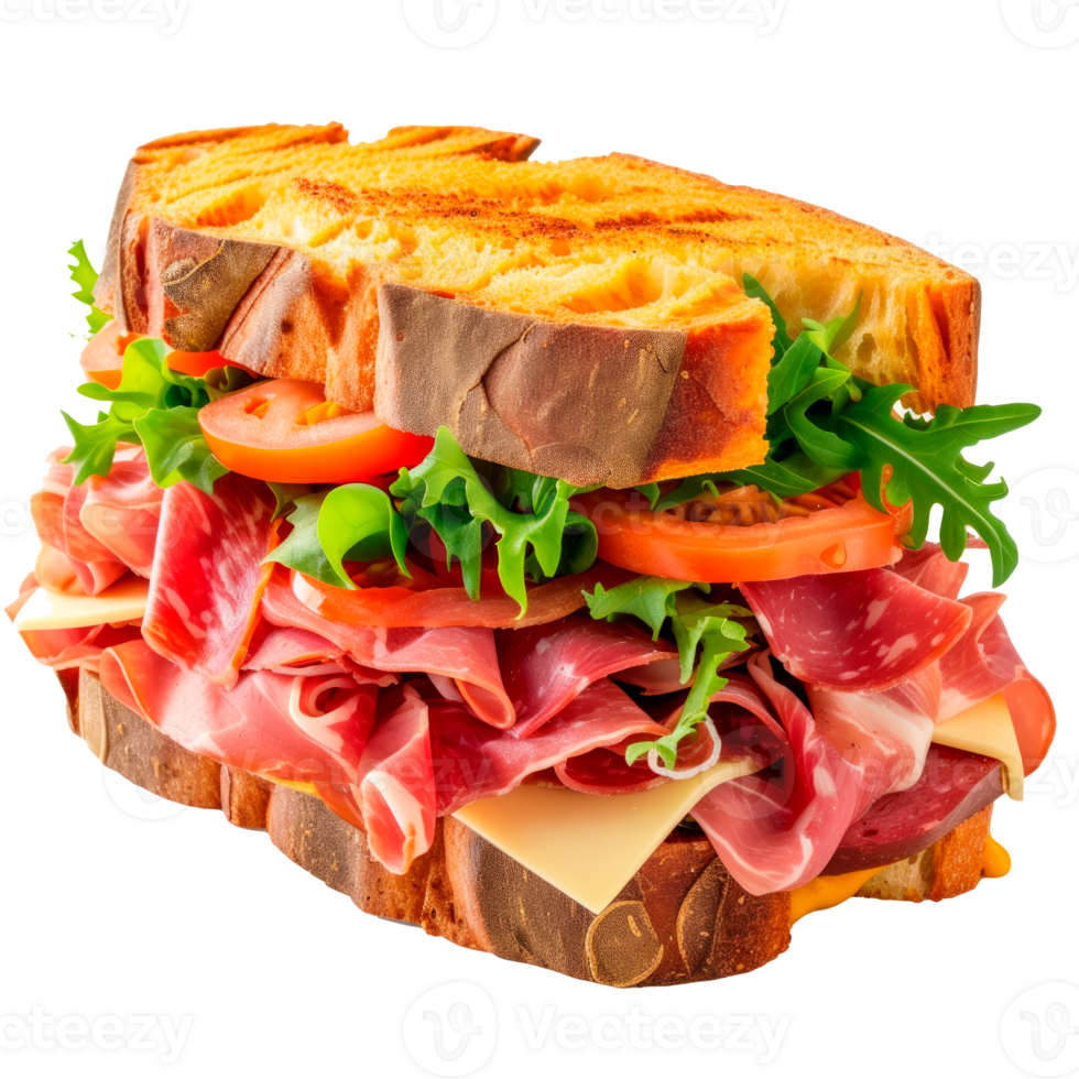 A delicious sandwich filled with meats, cheese, tomatoes, and lettuce. png