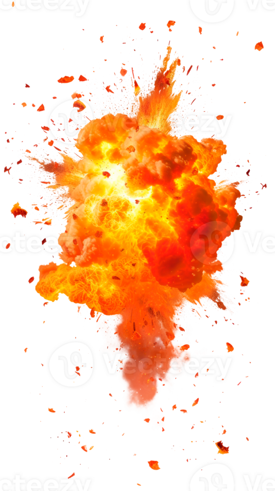 A vibrant explosion with flames and smoke on a transparent background png