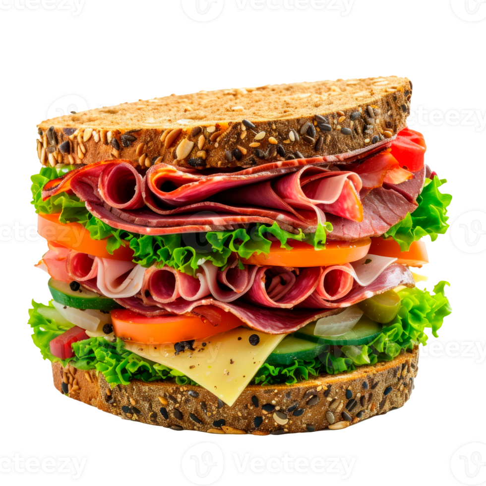 A colorful deli sandwich stacked with meats, cheese, and fresh vegetables. png