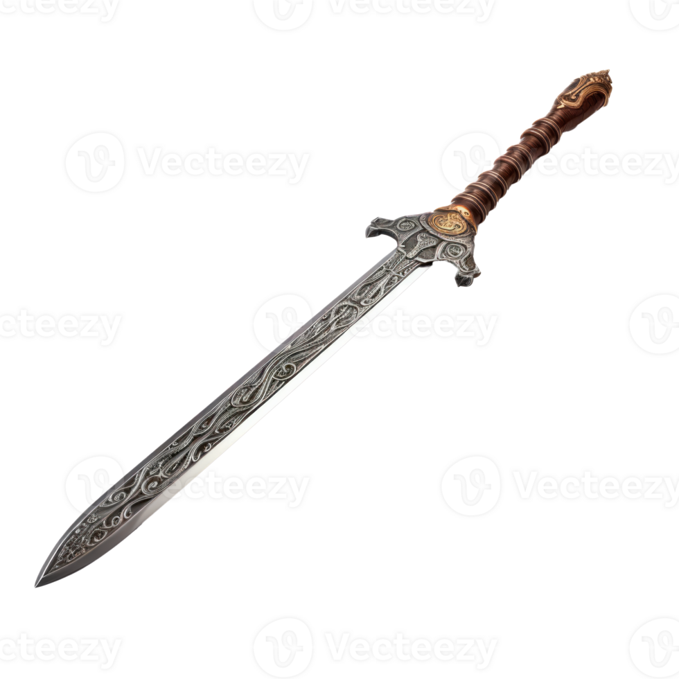 An ornate medieval sword with intricate designs and a detailed handle png