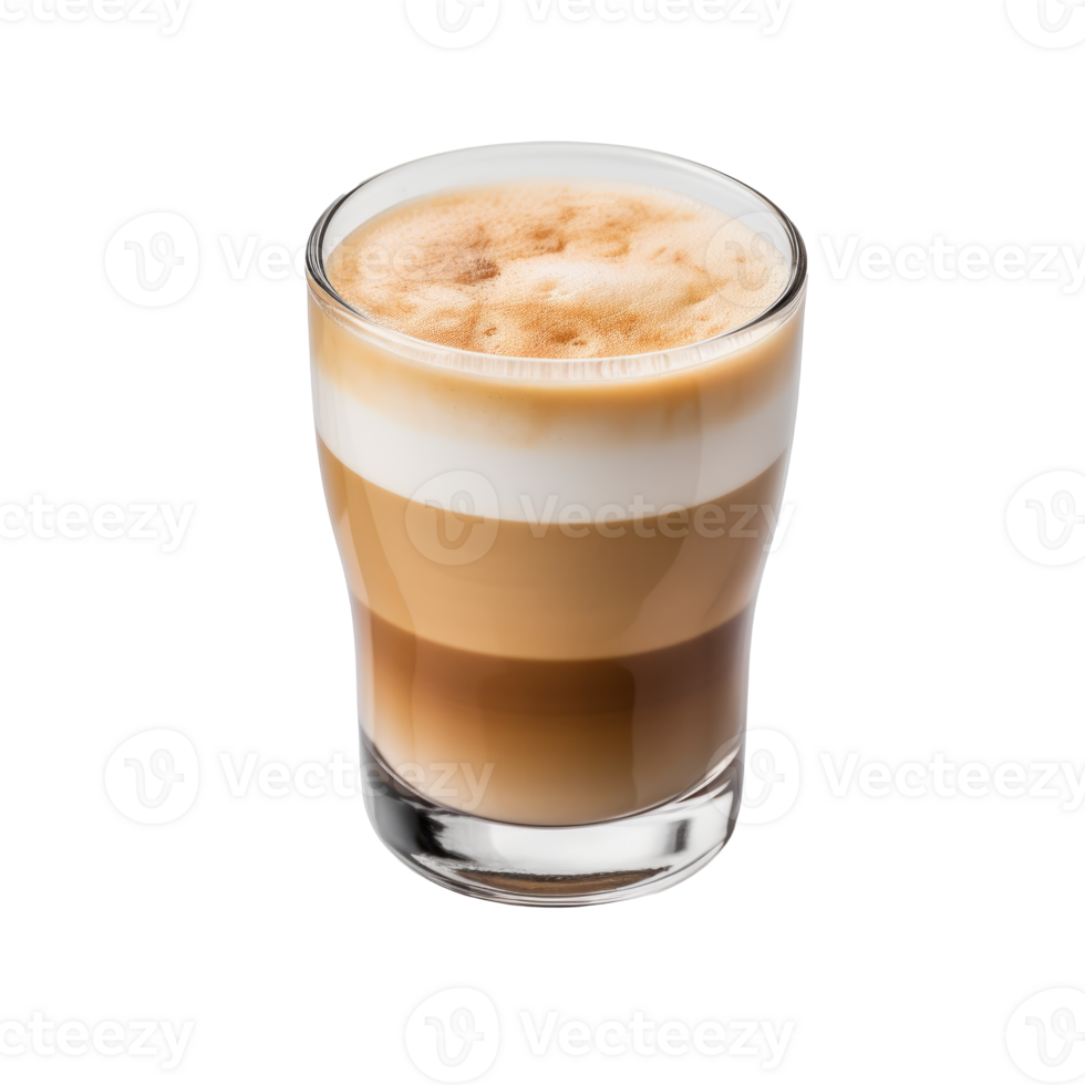 A delicious layered latte coffee in a clear glass cup png