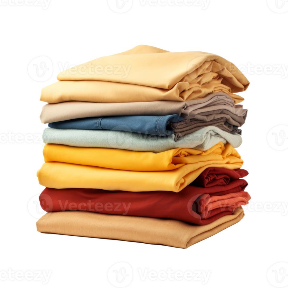 A neatly stacked pile of colorful folded clothes in various shades. png