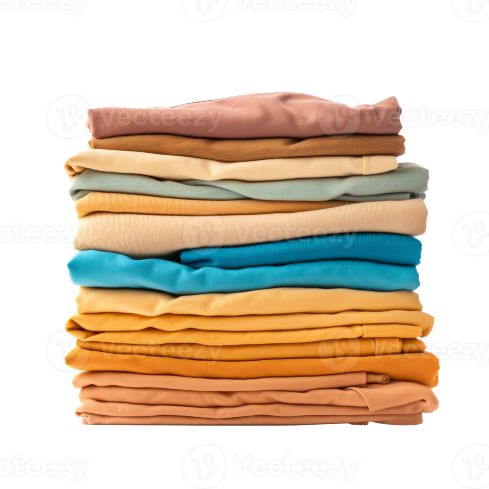 A neatly stacked pile of colorful folded clothes on a transparent background. png
